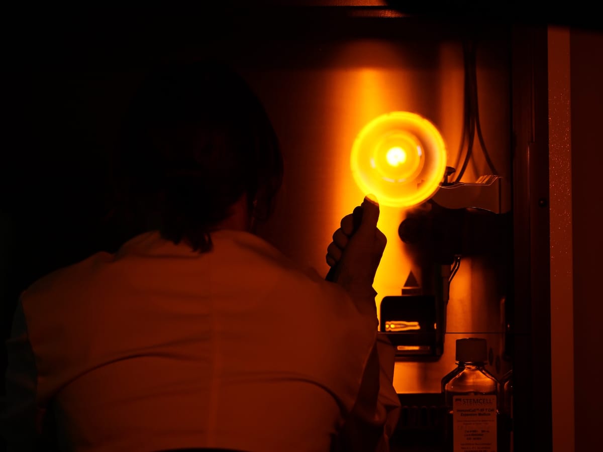 Scientist working under UV lab light