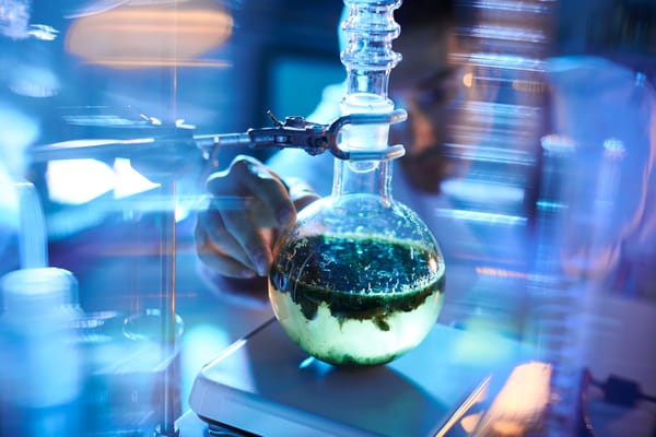 Scientist in a lab manipulating a round-bottom flask containing green organic material, set up on a heating or stirring plate