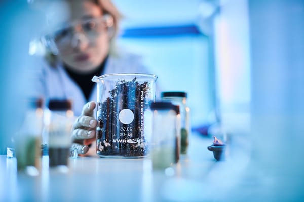 Scientist in a lab coat and safety glasses examining a beaker filled with dried seaweed samples, part of materials innovation work at Kelpi