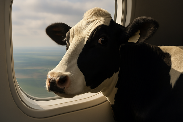 GenAI image of a Holstein cow seated beside an airplane window